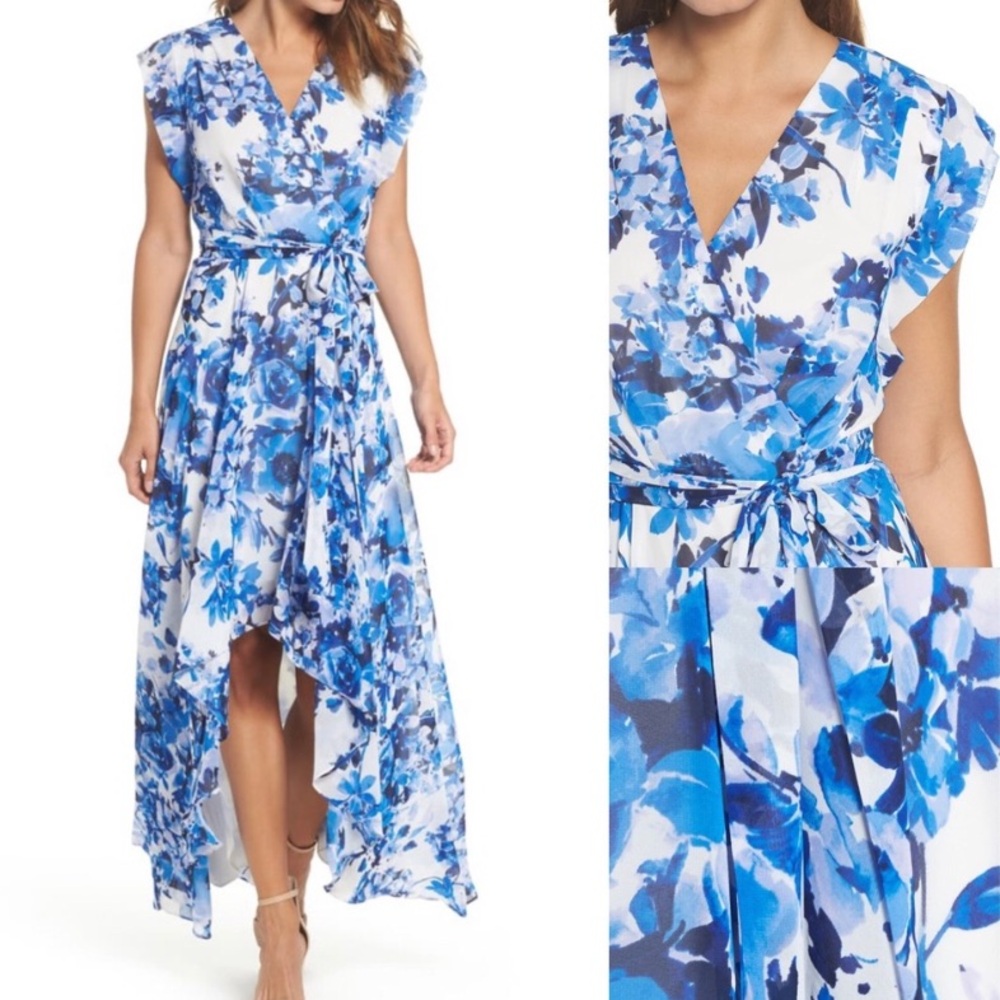 Eliza J Floral‎ High Low Maxi Dress Women’s 16 Navy Blue White Cap Sleeve Flowy